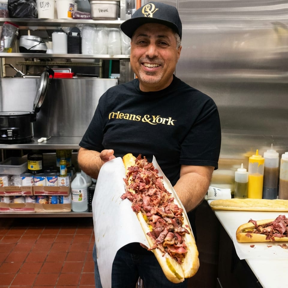 Smiling restaurant worker presents an oversized steak sandwich in a commercial kitchen.