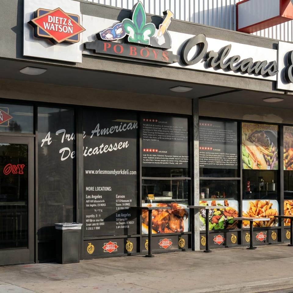 Exterior of Orleans & York Delicatessen featuring colorful signage, storefront windows displaying sandwiches and fried foods, and outdoor queue rails.