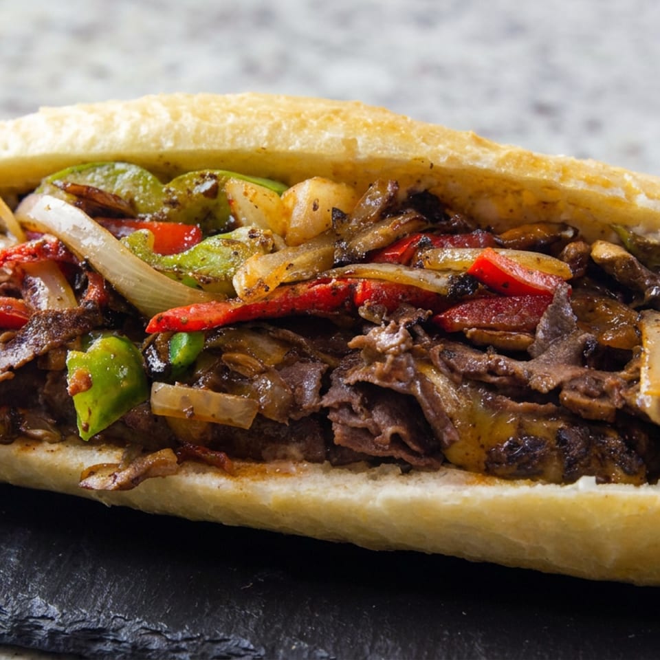 Steak sandwich on a toasted roll filled with sautéed mushrooms, onions, and red and green peppers.