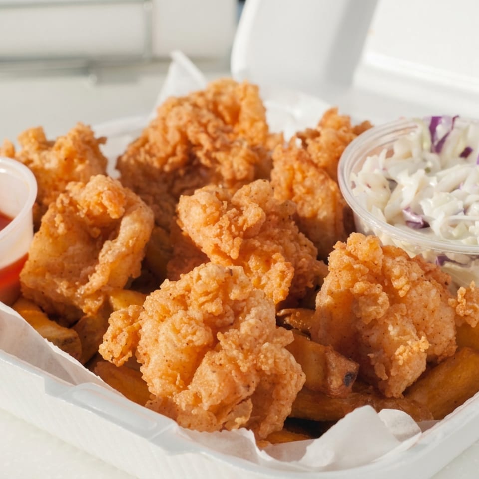 Crispy fried seafood pieces with golden fries, coleslaw, and red dipping sauce in a white takeout tray.