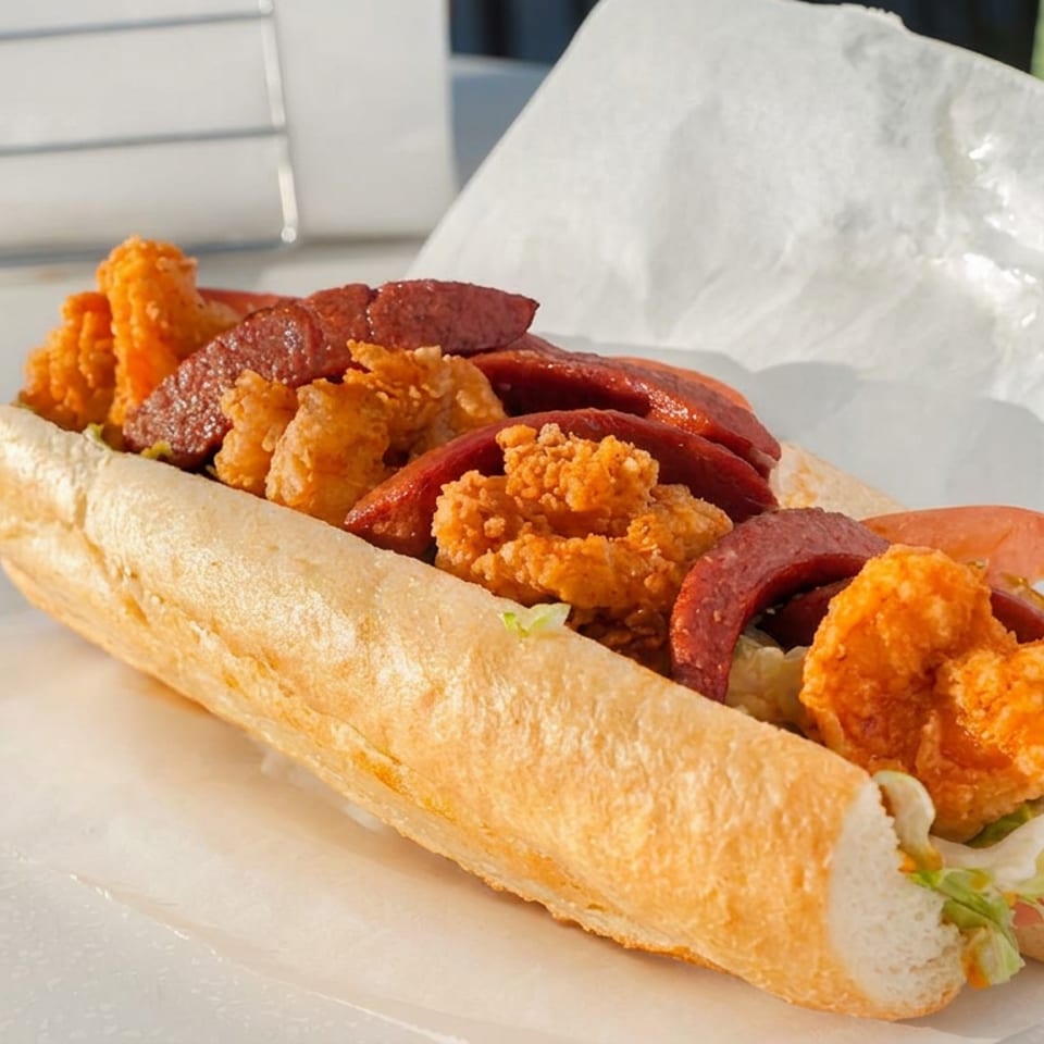 Submarine sandwich stuffed with crispy fried chicken, sliced sausage, lettuce, and tomato on wax paper.