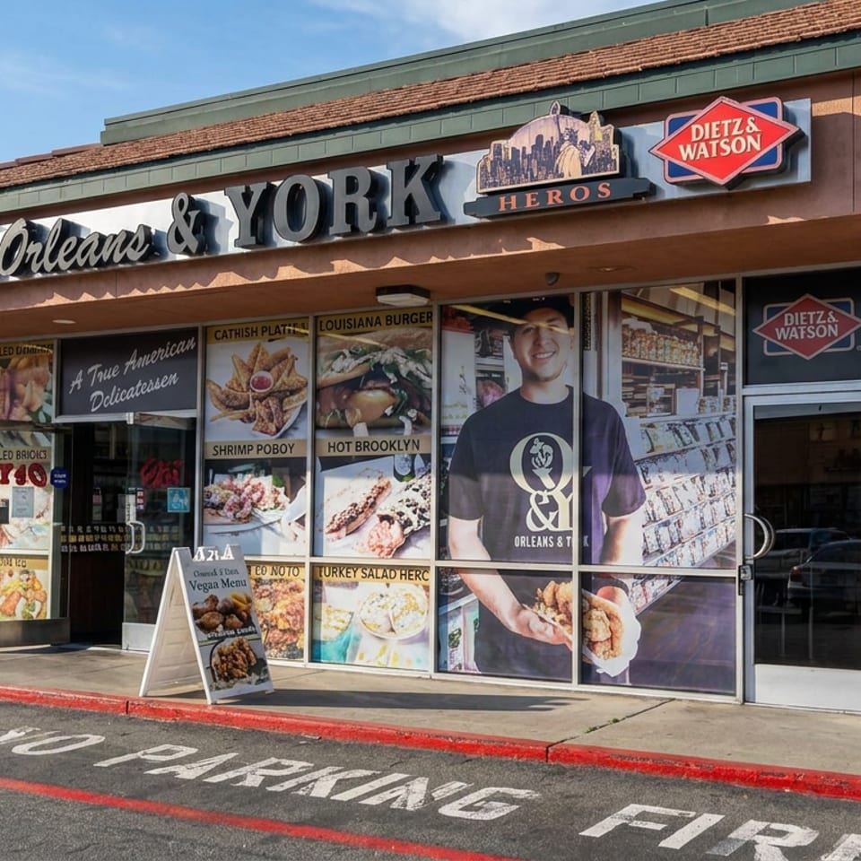 Dietz & Watson Orleans & York deli storefront featuring po’boy and seafood menu displays, outdoor sandwich board, and a person in the window.