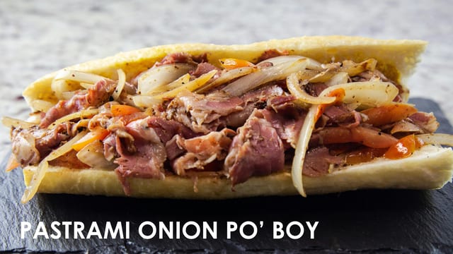 Pastrami Tomato Onion Po' Boy.