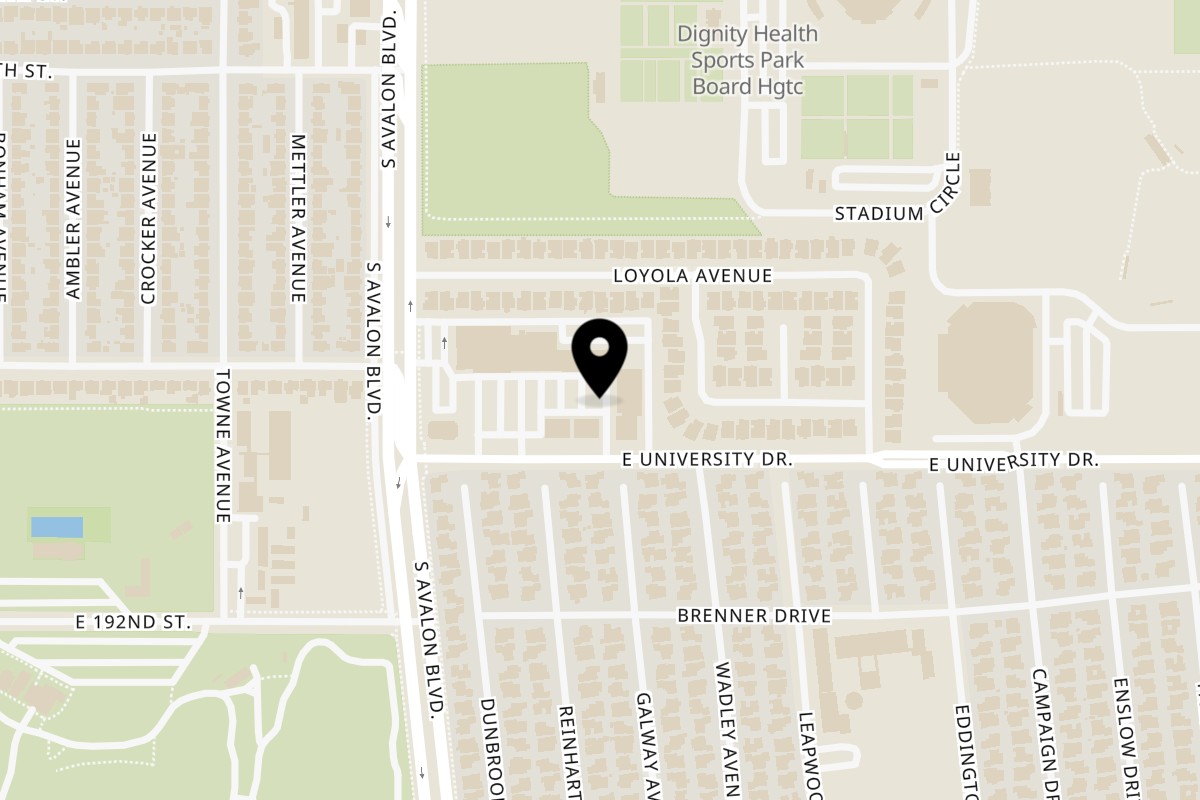 Map showing the location of Orleans & York Carson on 673 E University Dr in Carson